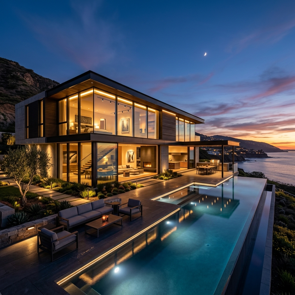 Modern luxury residence glowing warmly at dusk