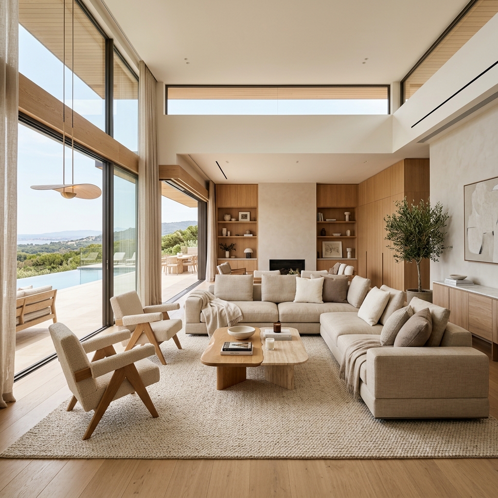Sunlit living room with layered natural textures